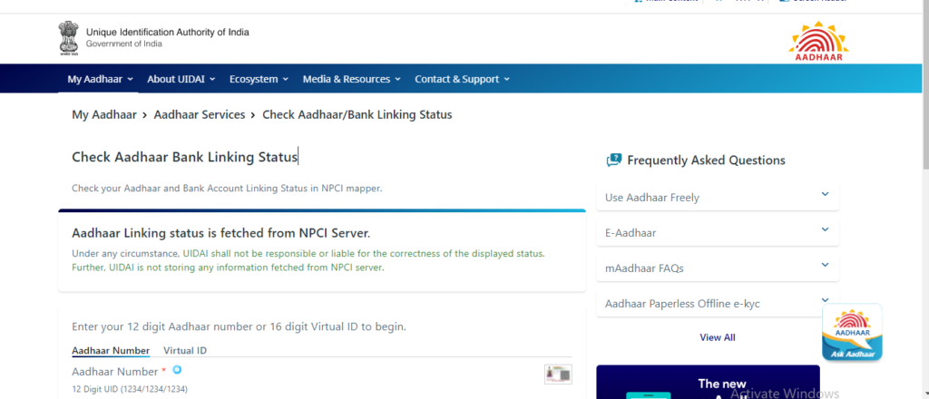 Aadhaar/Bank Account Linking Status 