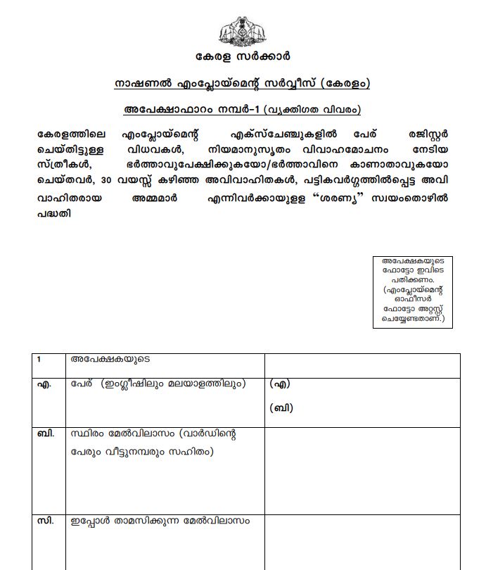 Download Kerala Saranya Self Employment Scheme Application Form