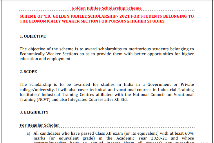 lic golden jubilee scholarship 
