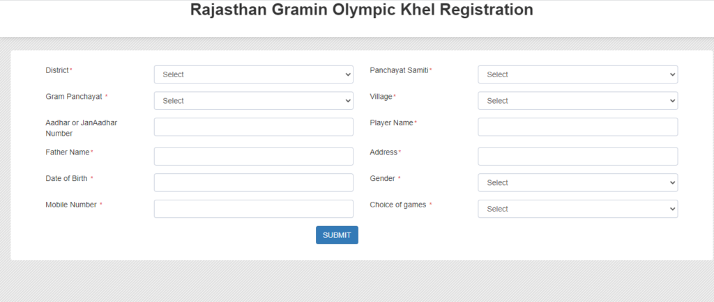 Registration Form Rajasthan Gramin Olympic Khel