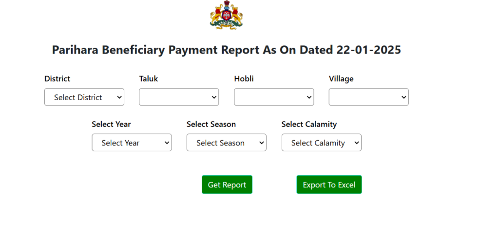 Required Details like District, Taluk, Hobli, Village, Year, Season and Disaster